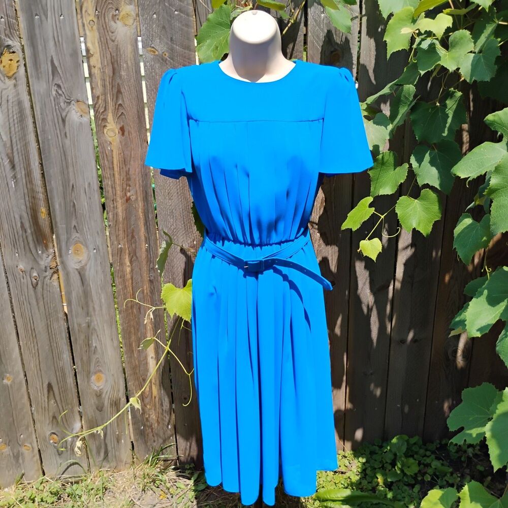 Vintage 70s Bright Blue Flutter Sleeve Midi Dress Accordion Pleated Belted Small